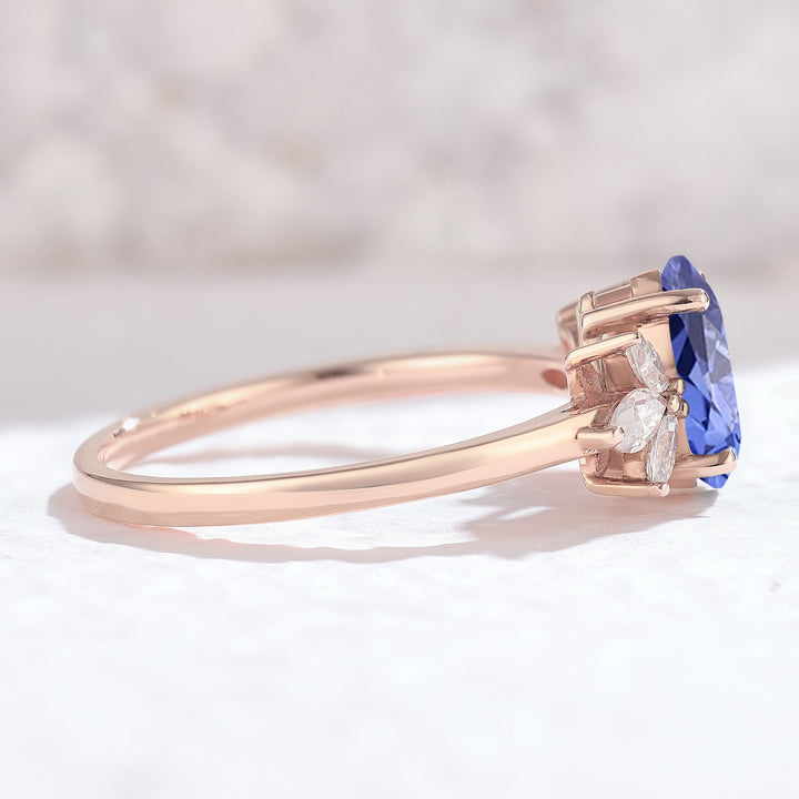 Nature Inspired Pear Cut Cornflower Sapphire with Petal Side Gemstone Ring - Iver Jewelry