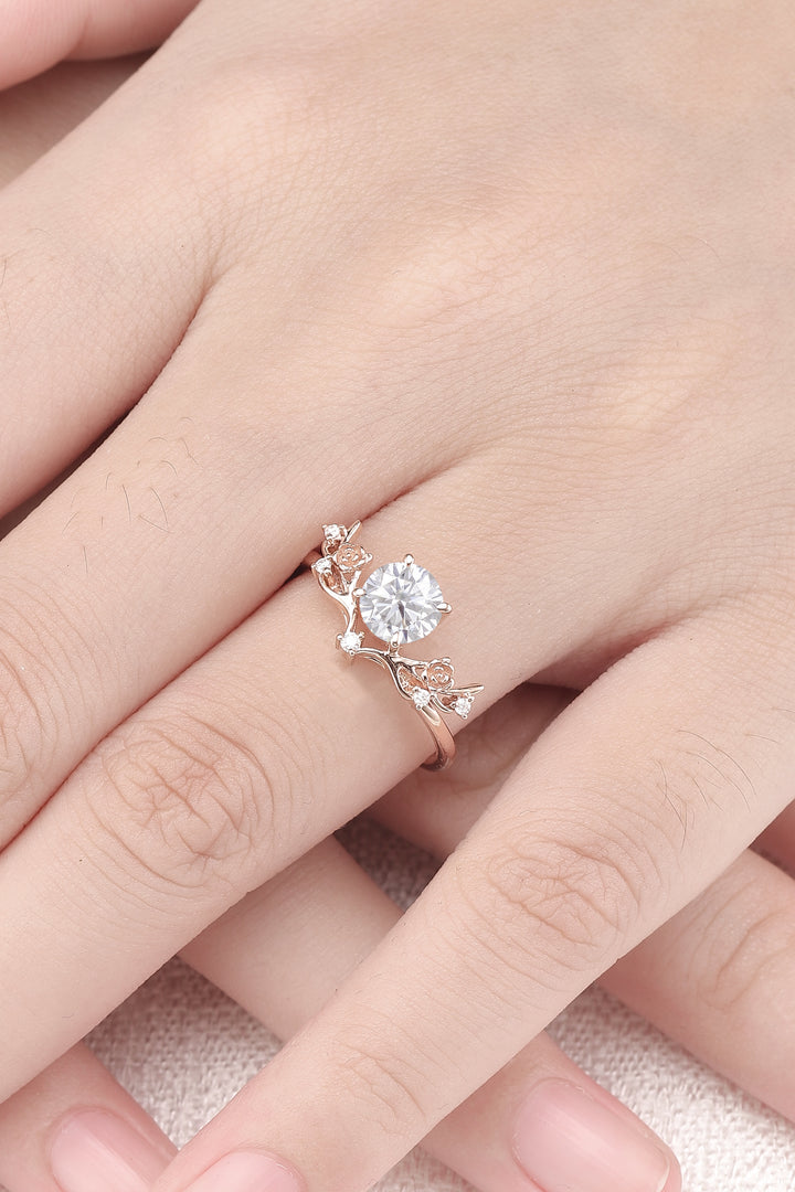 Nature Inspired Round Cut Moissanite Antlers Handmade Ring - Iver Jewelry