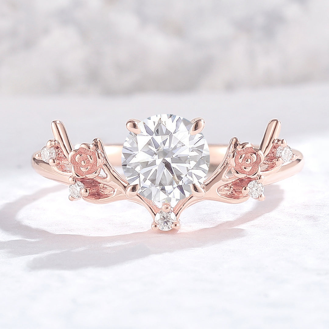 Nature Inspired Round Cut Moissanite Antlers Handmade Ring - Iver Jewelry