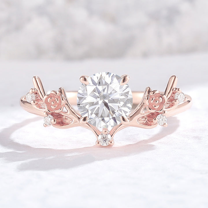 Nature Inspired Round Cut Moissanite Antlers Handmade Ring - Iver Jewelry