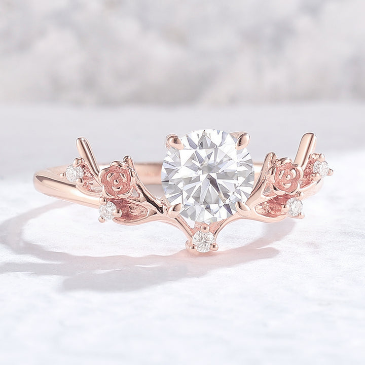 Nature Inspired Round Cut Moissanite Antlers Handmade Ring - Iver Jewelry