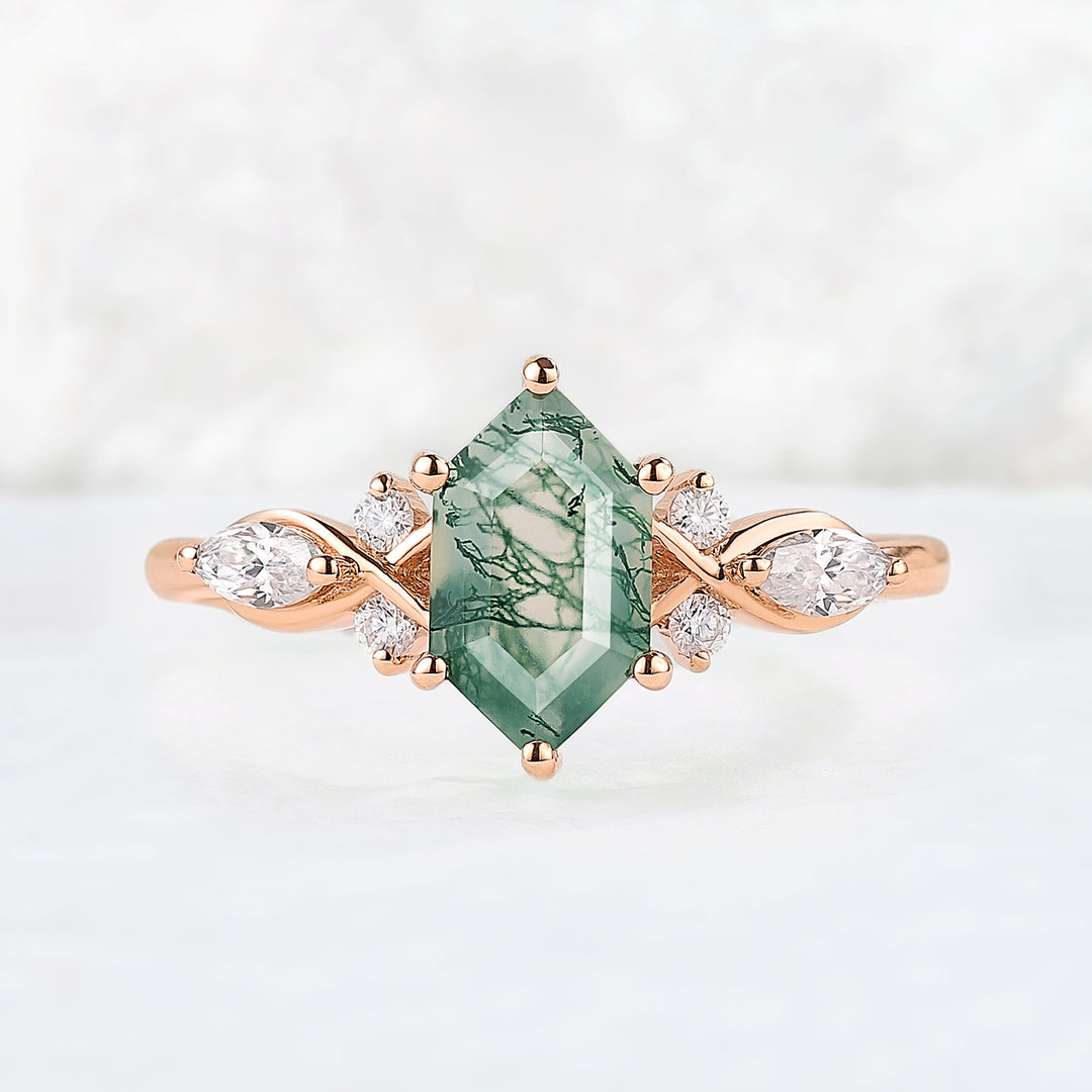 Nature Hexagon Cut Moss Agate Five Stone Gemstone Ring