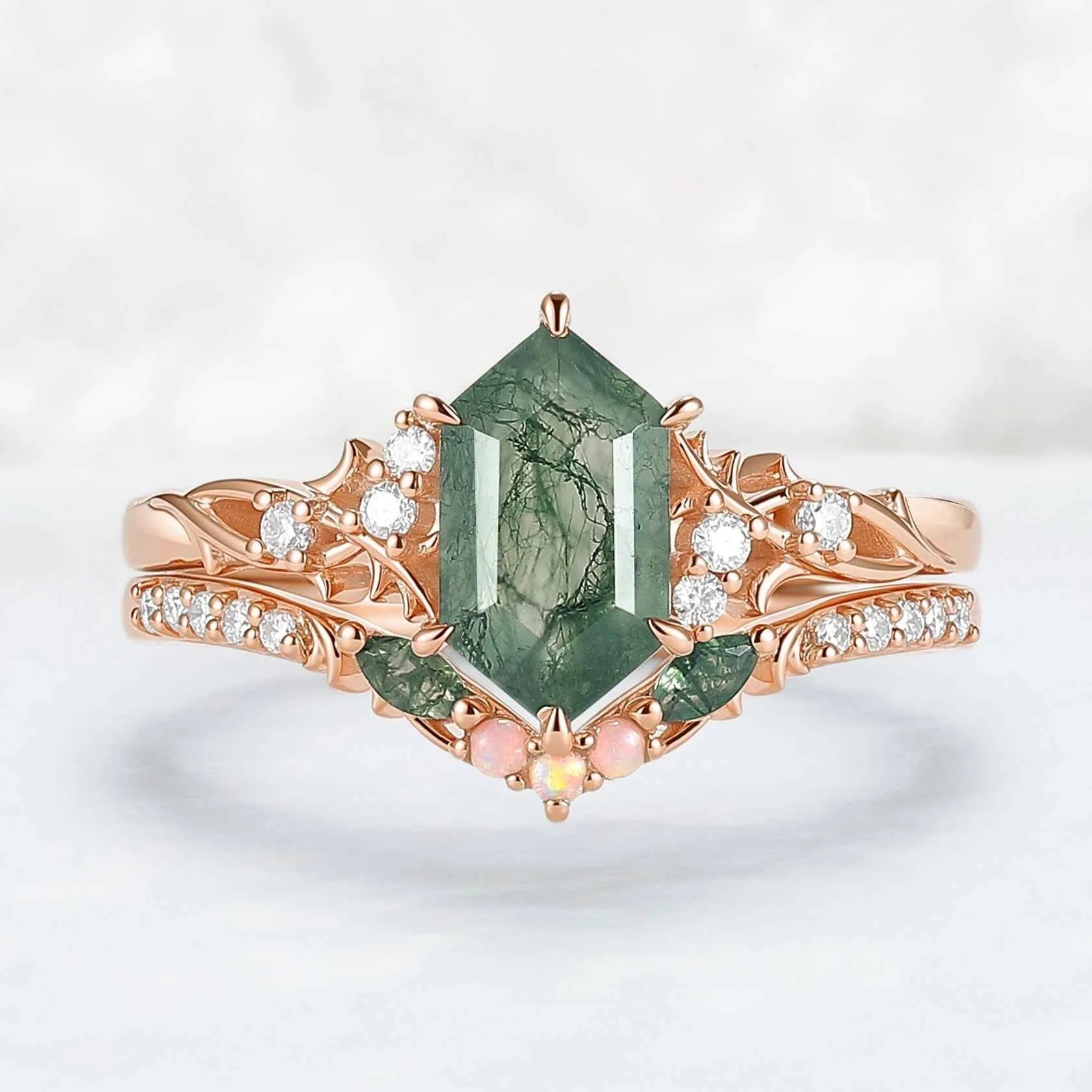 Nature Hexagon Cut Moss Agate Twig Engagement Ring Set 2pcs - Iver