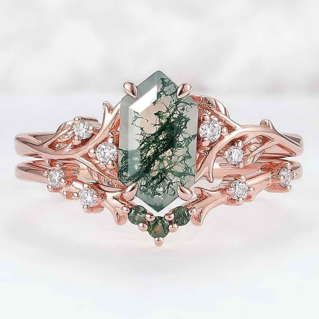 Nature Hexagon Cut Moss Agate Twig Ring Set 2pcs