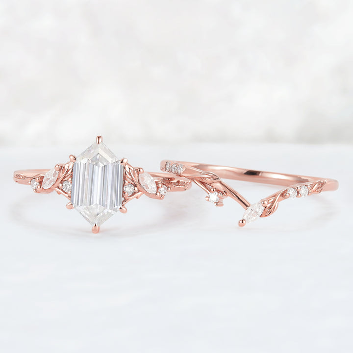 Nature Inspired Hexagon Cut Moissanite Leaf Engagement Ring Set 2pcs - Iver Jewelry