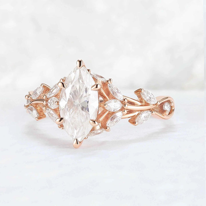 Leaf Claw Inlay Marquise Cut Moissanite Ring