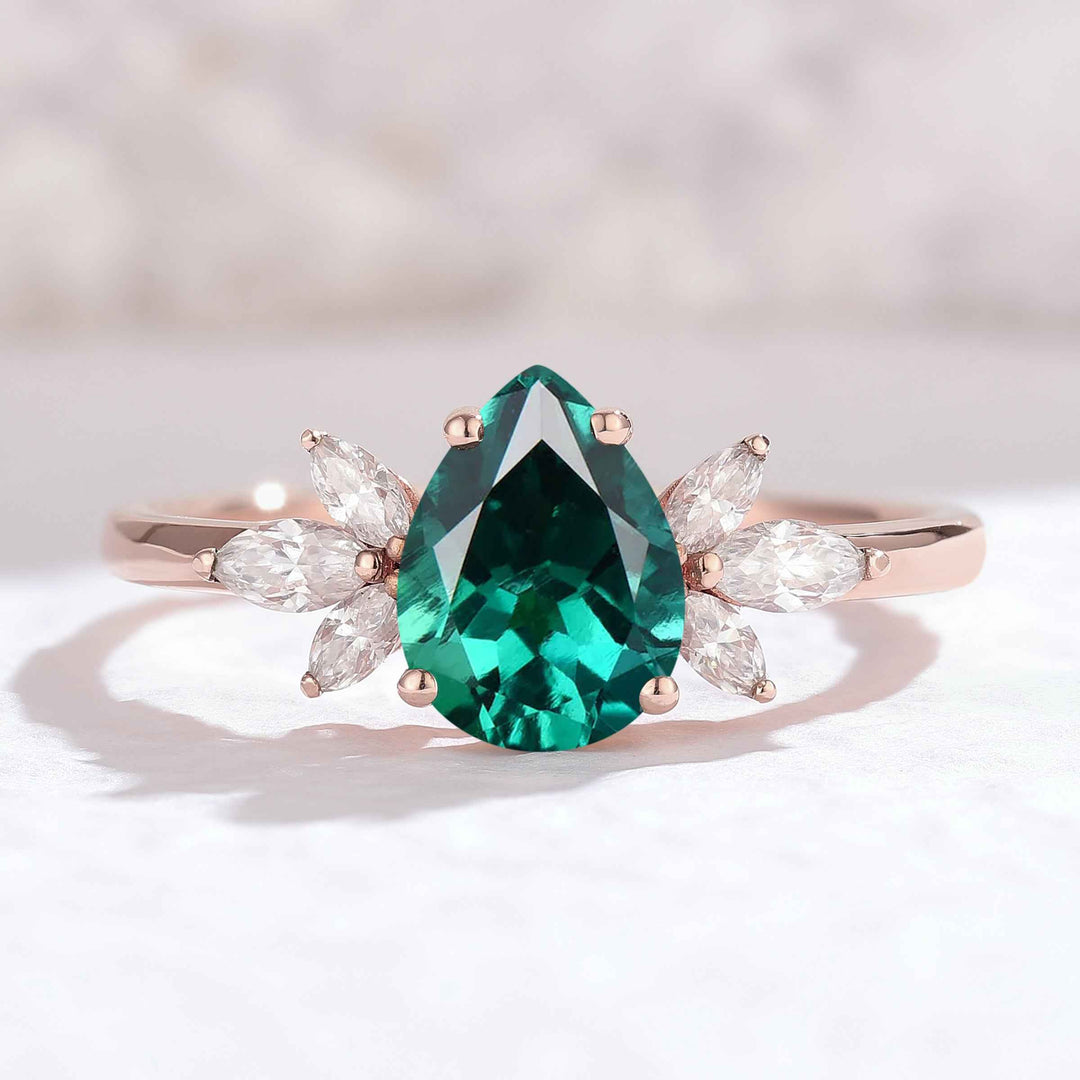 Nature Inspired Pear Cut Moss Agate with Petal Side Engagement Ring