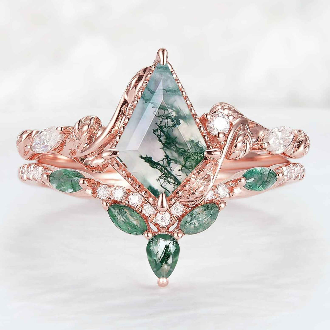 Nature Pear Cut Moss Agate Leaf Twisted Gemstone Ring