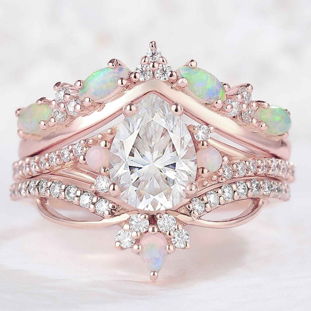 Iver Jewelry Nature Pear Shaped Opal Vine Engagement Ring Set 3pcs