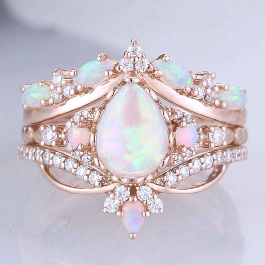 Nature Pear Cut Opal Vine Handmade Gemstone Ring Set 3pcs