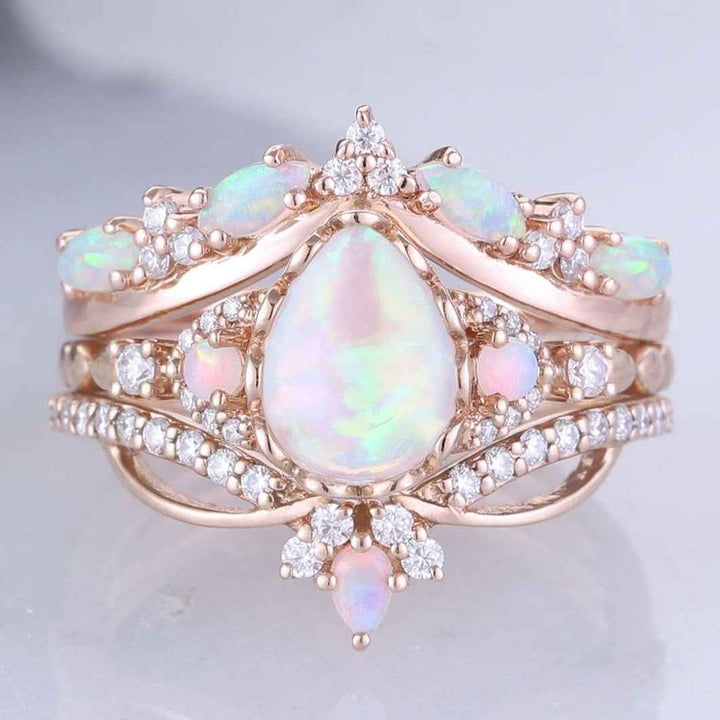 Nature Pear Cut Opal Vine Handmade Gemstone Ring Set 3pcs