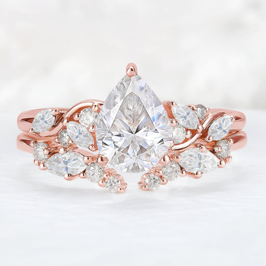 Nature Pear Shaped Moissanite Vine Gemstone Ring Set 2pcs