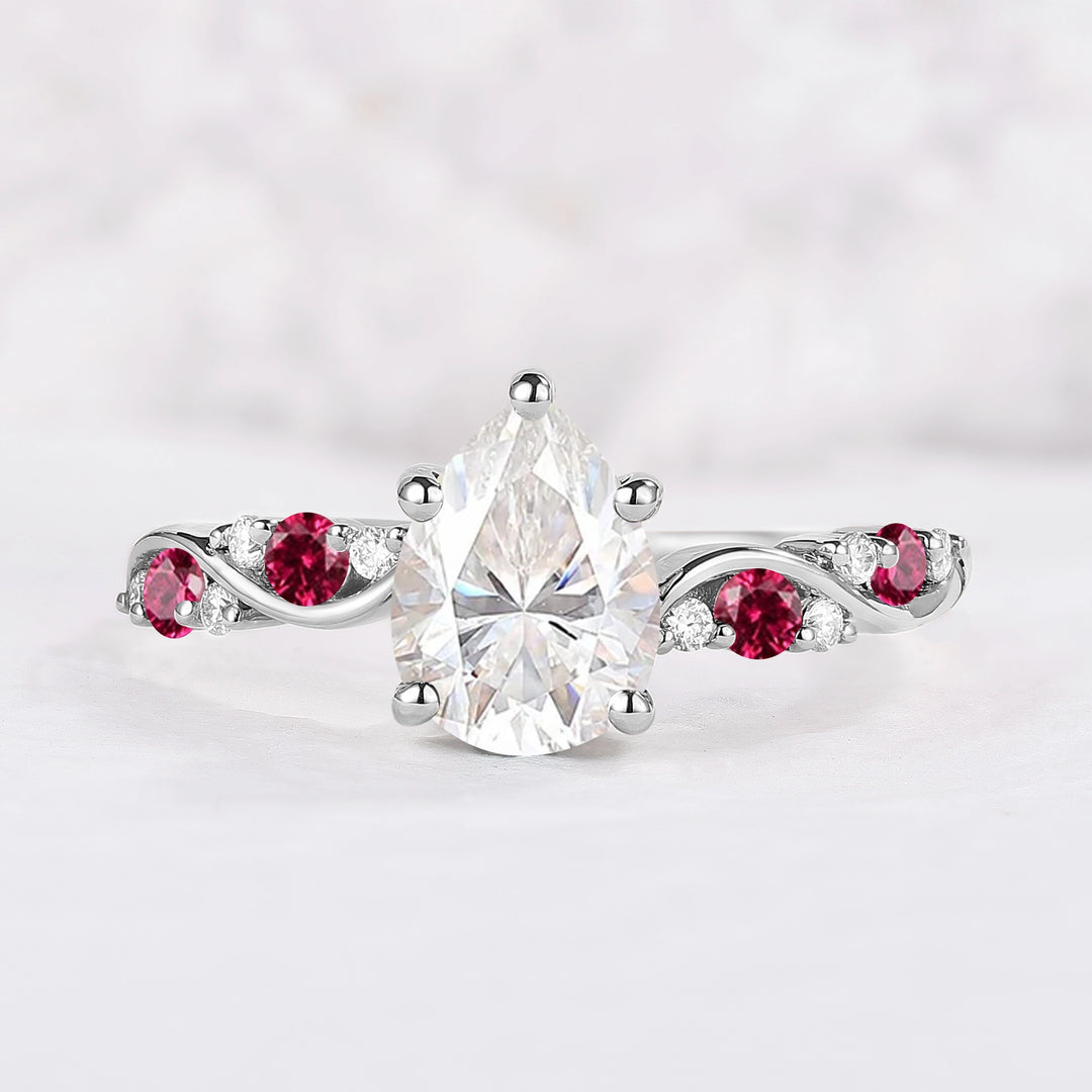 Nature Pear Shaped Moissanite and Ruby Vine Gemstone Ring