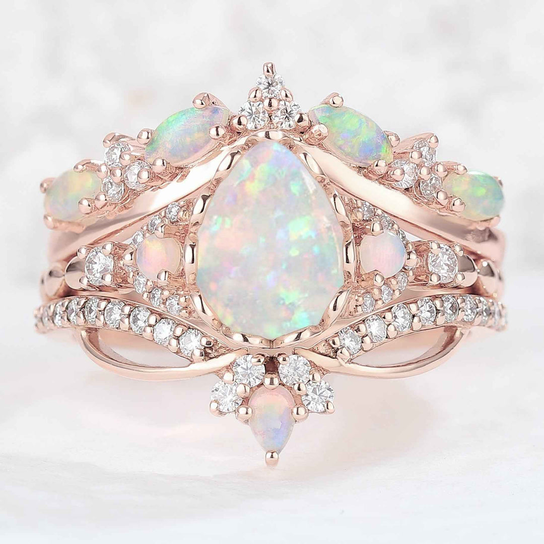 Nature Pear Shaped Opal Vine Handmade Ring Set 3pcs