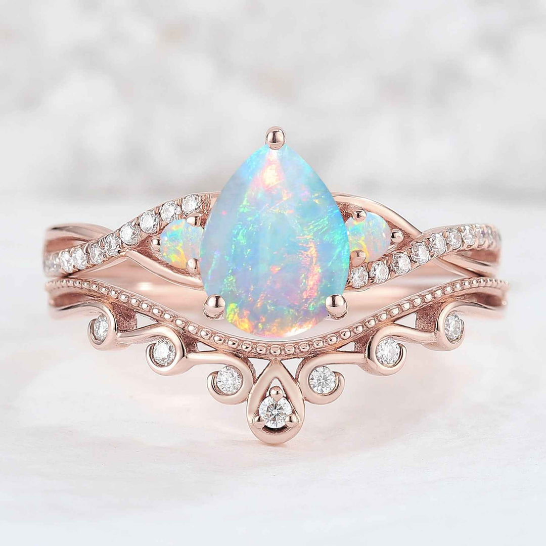 Nature Pear Shaped Opal Vine Gemstone ring set 2pcs