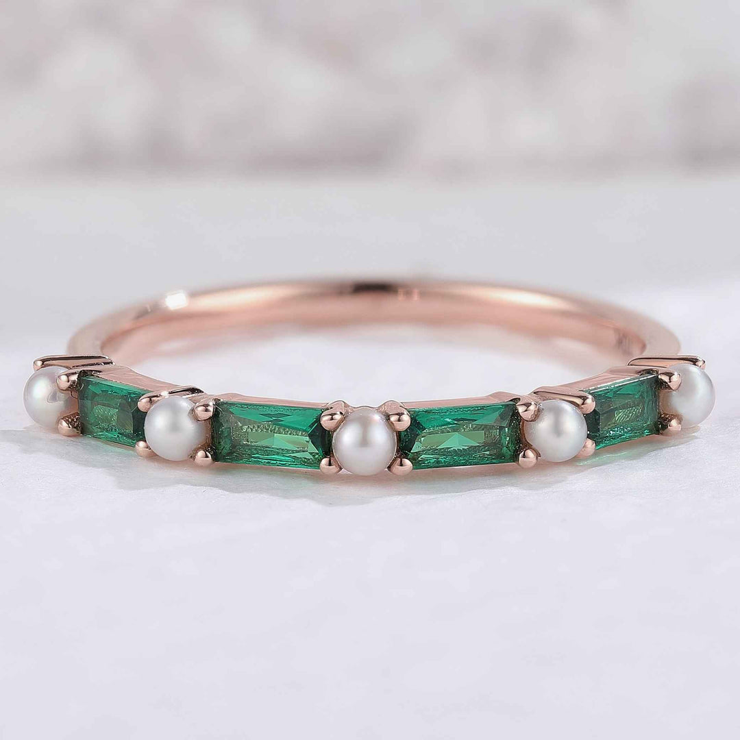 Straight Emerald Cut Emerald Pearl Half Enternity Wedding Band