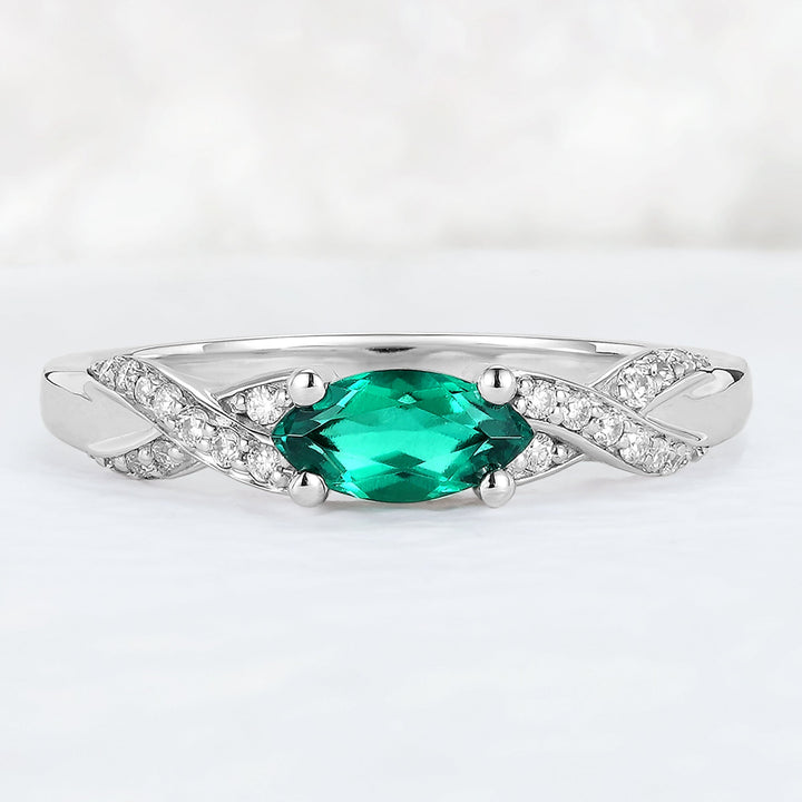 Straight Marquise Cut Emerald and Moissanite Mobius Wedding Band