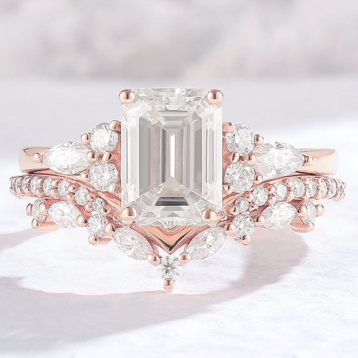 Unique Emerald Cut Moissanite Cluster Engagement Ring Set 2PCS