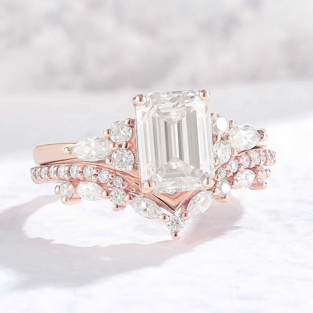 Unique Emerald Cut Moissanite Cluster Engagement Ring Set 2Pcs - Iver Jewelry