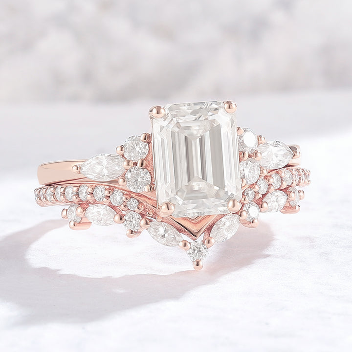 Unique Emerald Cut Moissanite Cluster Engagement Ring Set 2Pcs - Iver Jewelry