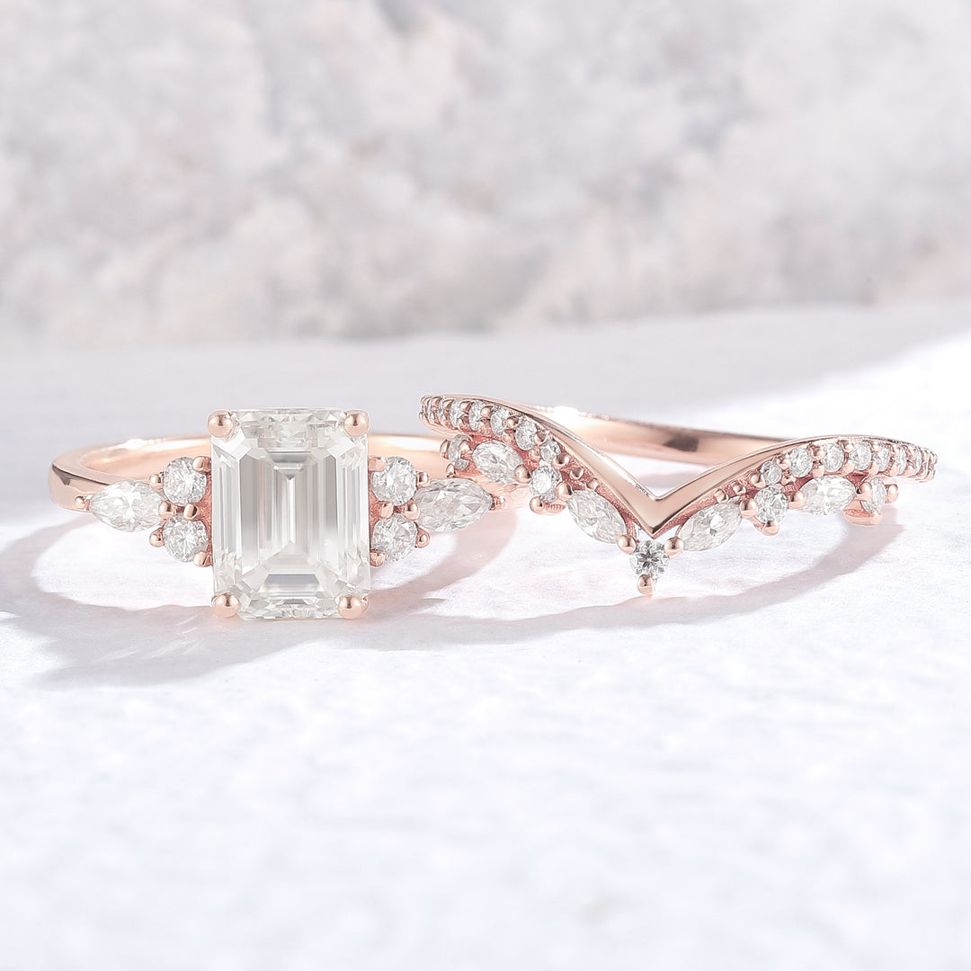 Unique Emerald Cut Moissanite Cluster Engagement Ring Set 2Pcs - Iver Jewelry