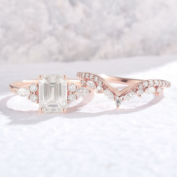 Unique Emerald Cut Moissanite Cluster Engagement Ring Set 2Pcs - Iver Jewelry