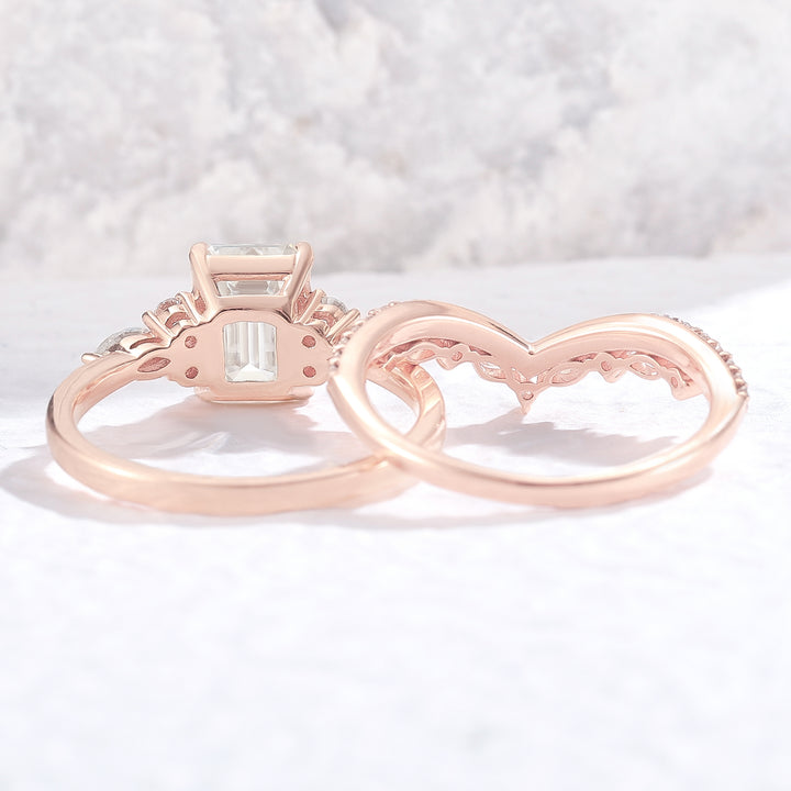 Unique Emerald Cut Moissanite Cluster Engagement Ring Set 2Pcs - Iver Jewelry