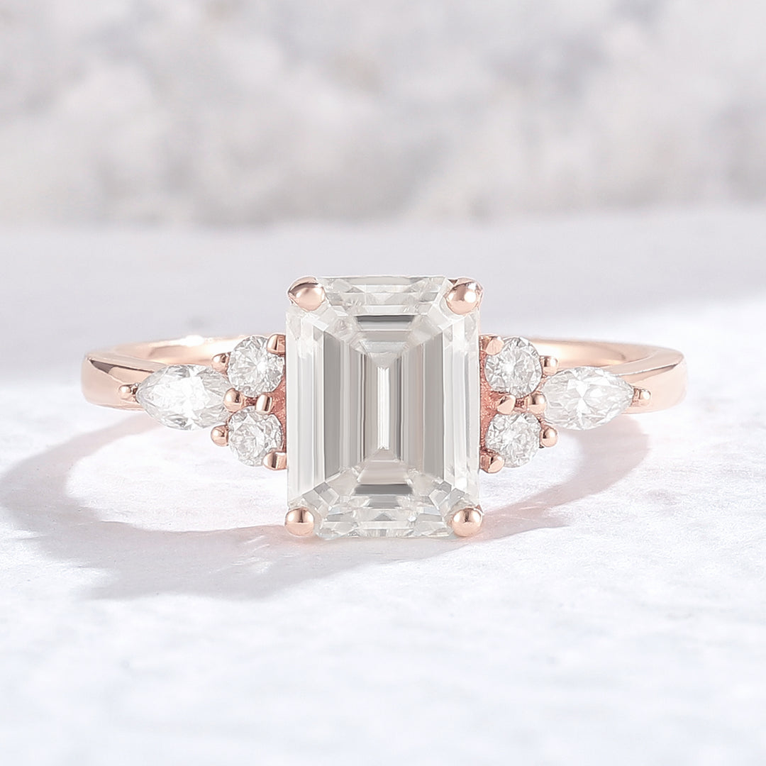 Unique Emerald Cut Moissanite Cluster Engagement Ring Set 2Pcs - Iver Jewelry