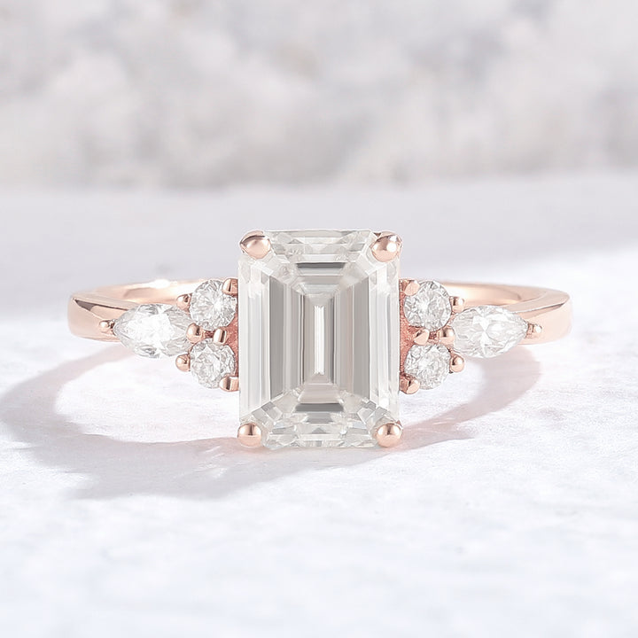 Unique Emerald Cut Moissanite Cluster Engagement Ring Set 2Pcs - Iver Jewelry