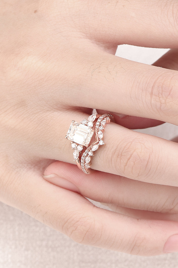 Unique Emerald Cut Moissanite Cluster Engagement Ring Set 2Pcs - Iver Jewelry