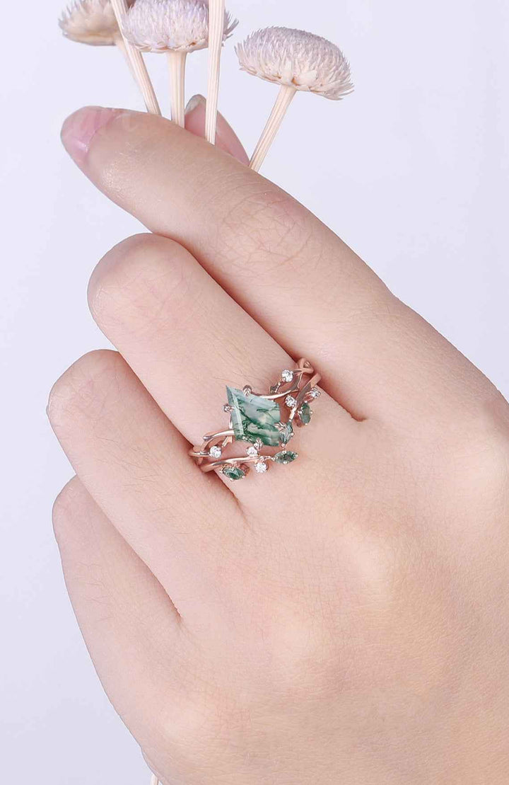 Unique Kite Cut Moss Agate Leaf and Vine Gemstone Ring Set 2pcs
