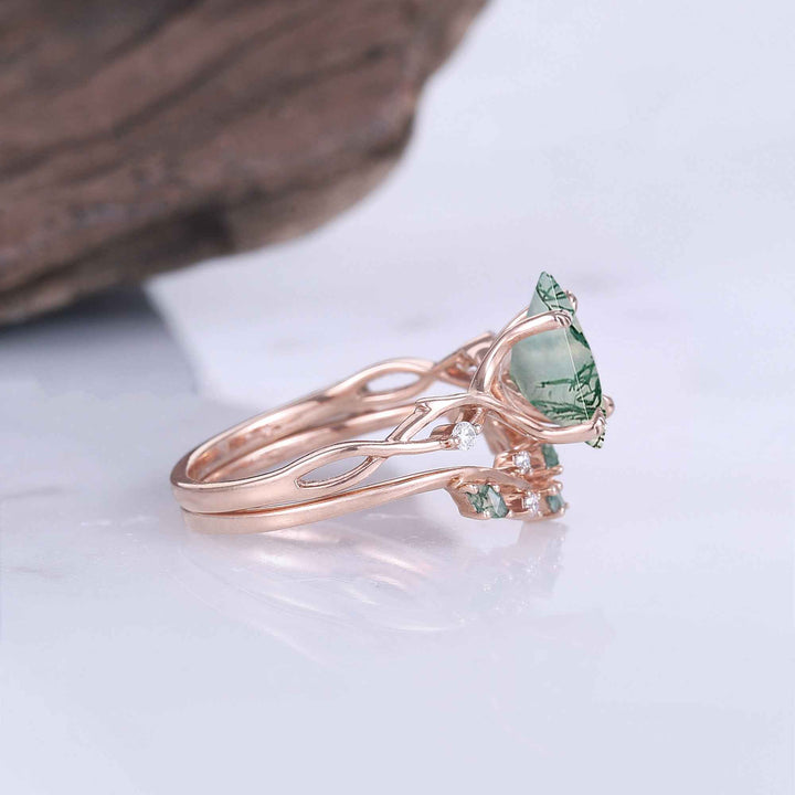 Unique Kite Cut Moss Agate Leaf and Vine Ring Set 2pcs