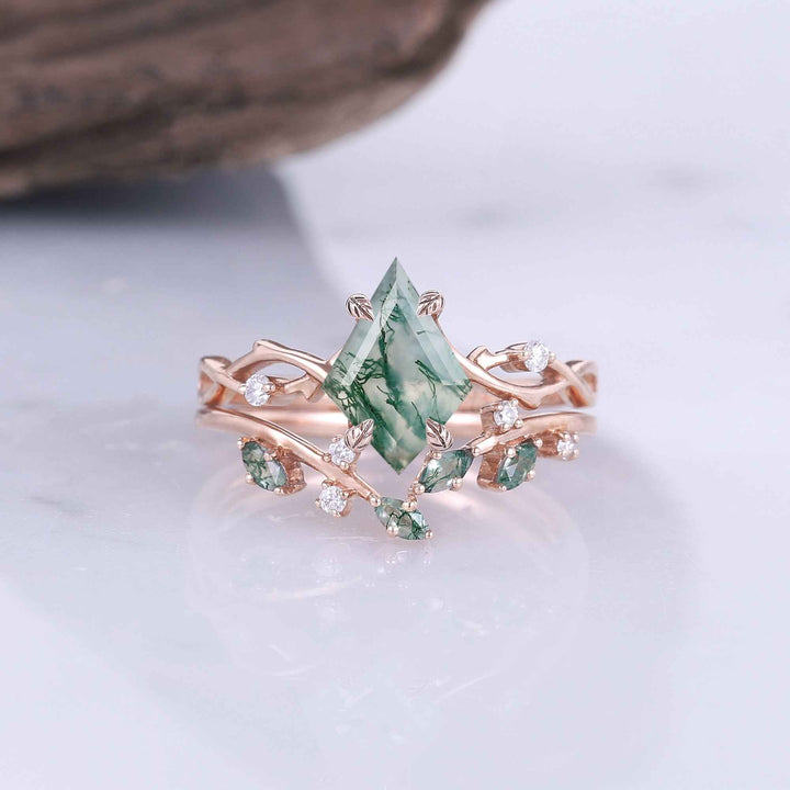 Unique Kite Cut Moss Agate Leaf and Vine Gemstone Ring Set 2pcs