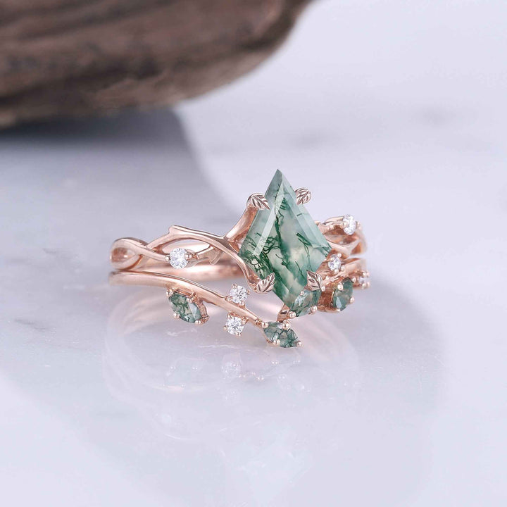 Unique Kite Cut Moss Agate Leaf and Vine Ring Set 2pcs