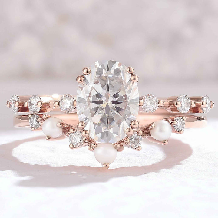 IverJewelry Unique Oval Cut Moissanite Pearl Captivating Engagement Ring Set 2pcs