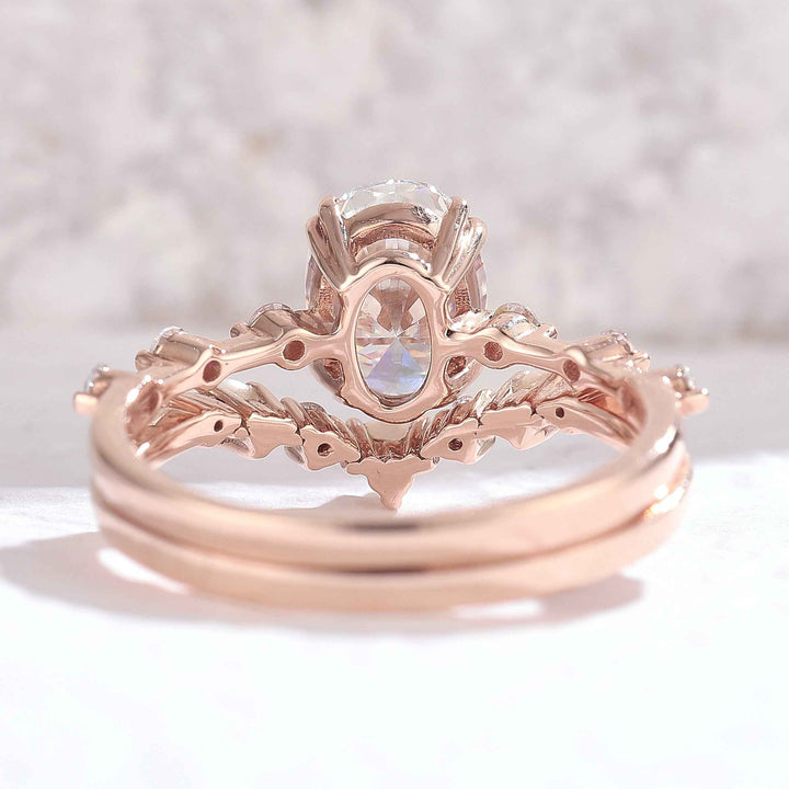IverJewelry Unique Oval Cut Moissanite Pearl Captivating Engagement Ring Set 2pcs