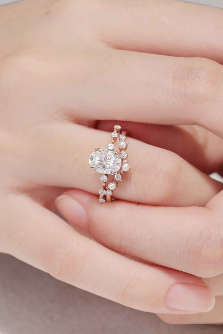 IverJewelry Unique Oval Cut Moissanite Pearl Captivating Engagement Ring Set 2pcs