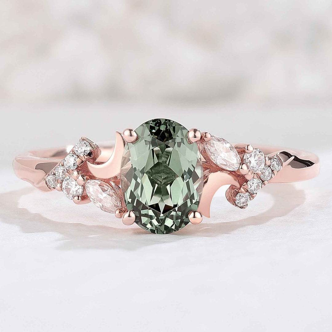 Cluster Oval Green Sapphire Moon Gemstone Ring