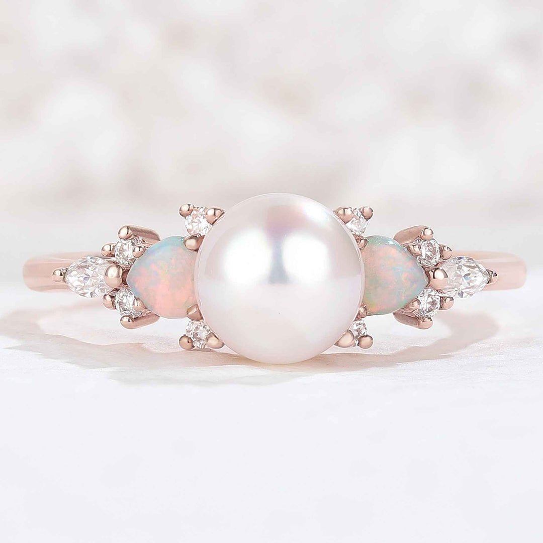Unique Round Pearl and Opal Decor Engagement Ring