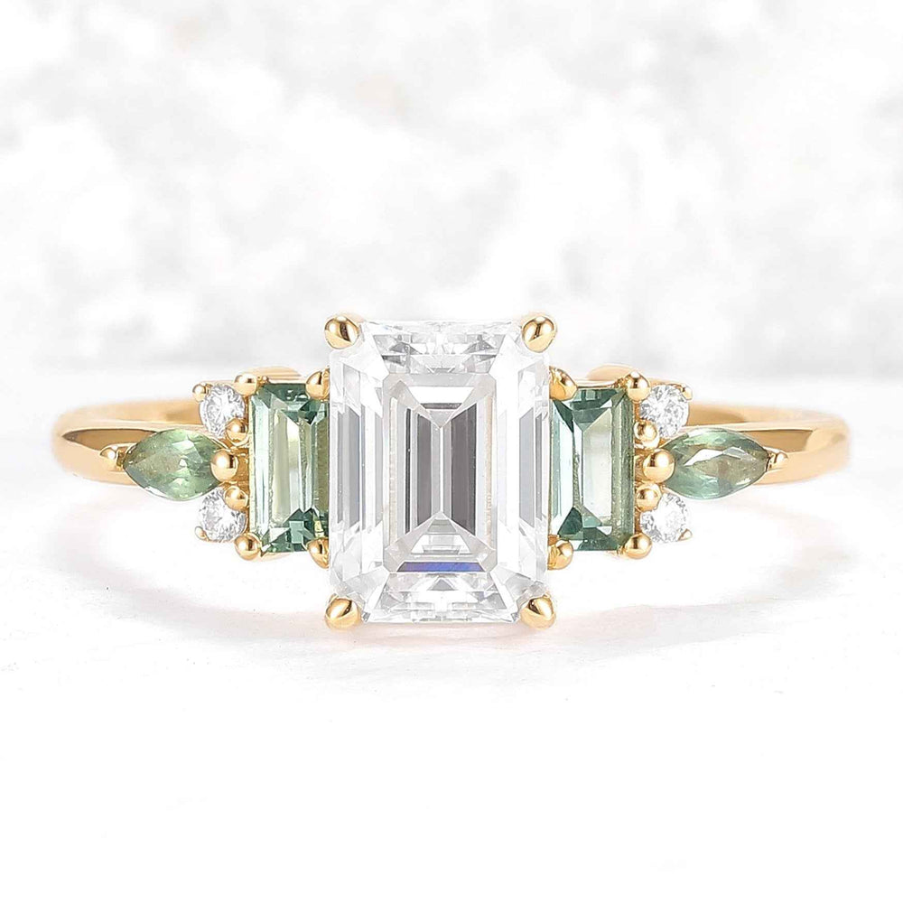 Unique Aveline Emerald Cut Moissanite and Moss Agate Ring