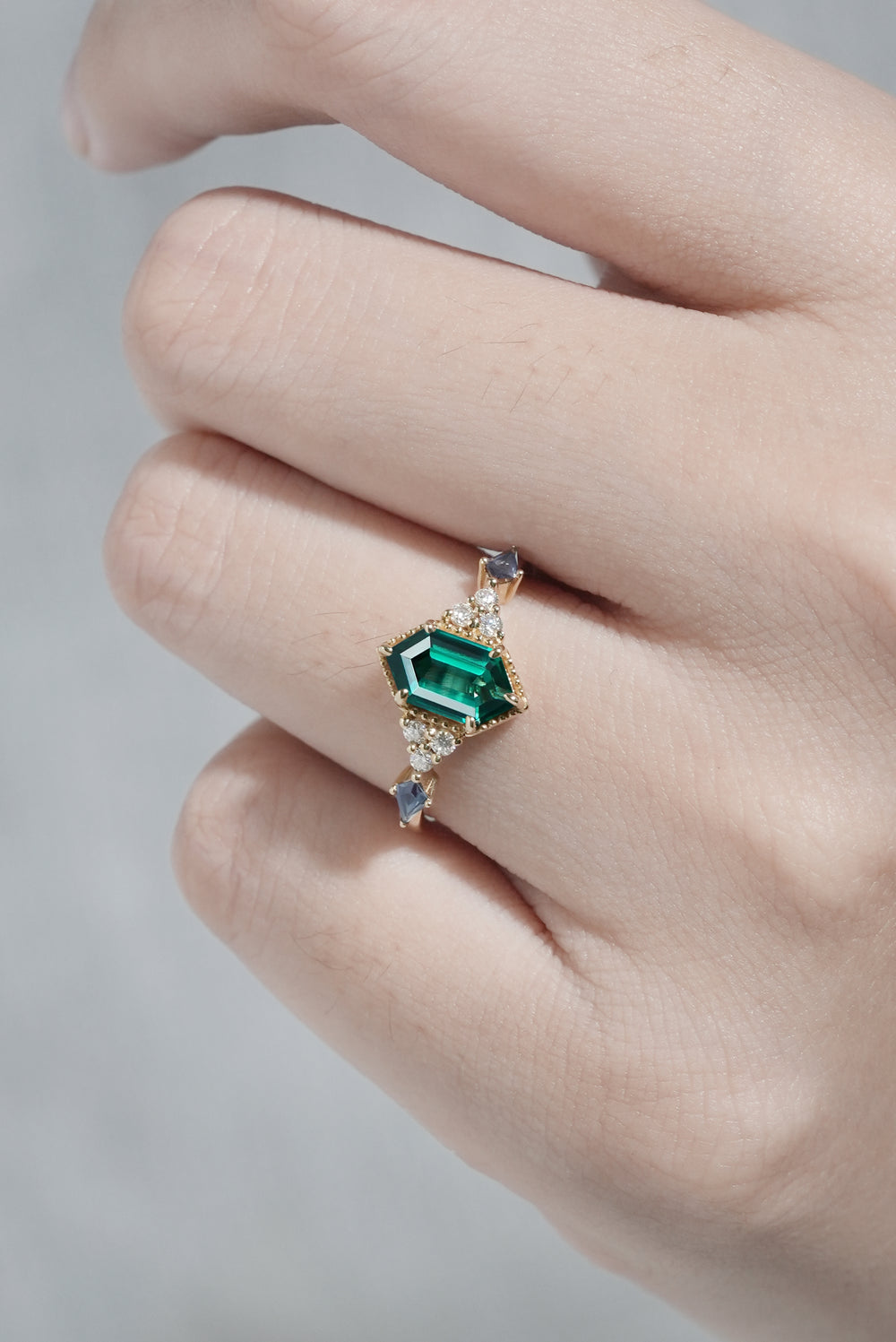 Unique Hexagon Cut Emerald and Moissanite Ring - Iver Jewelry