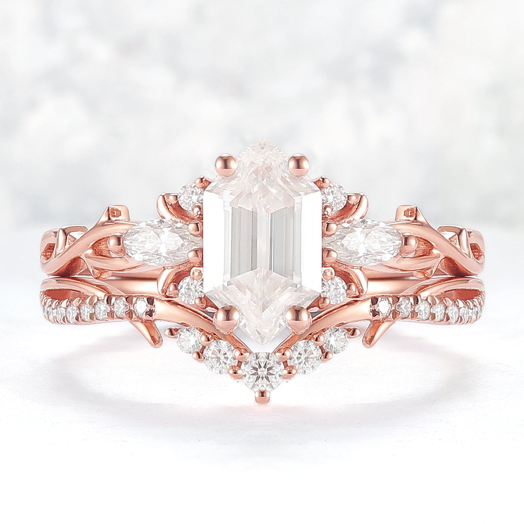 Unique Hexagon Cut Moissanite Vine Gemstone Ring Set 2pcs