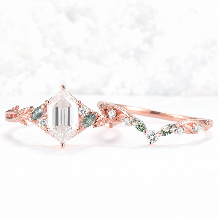 Unique Hexagon Cut Moissanite Vine Gemstone Ring Set 2pcs