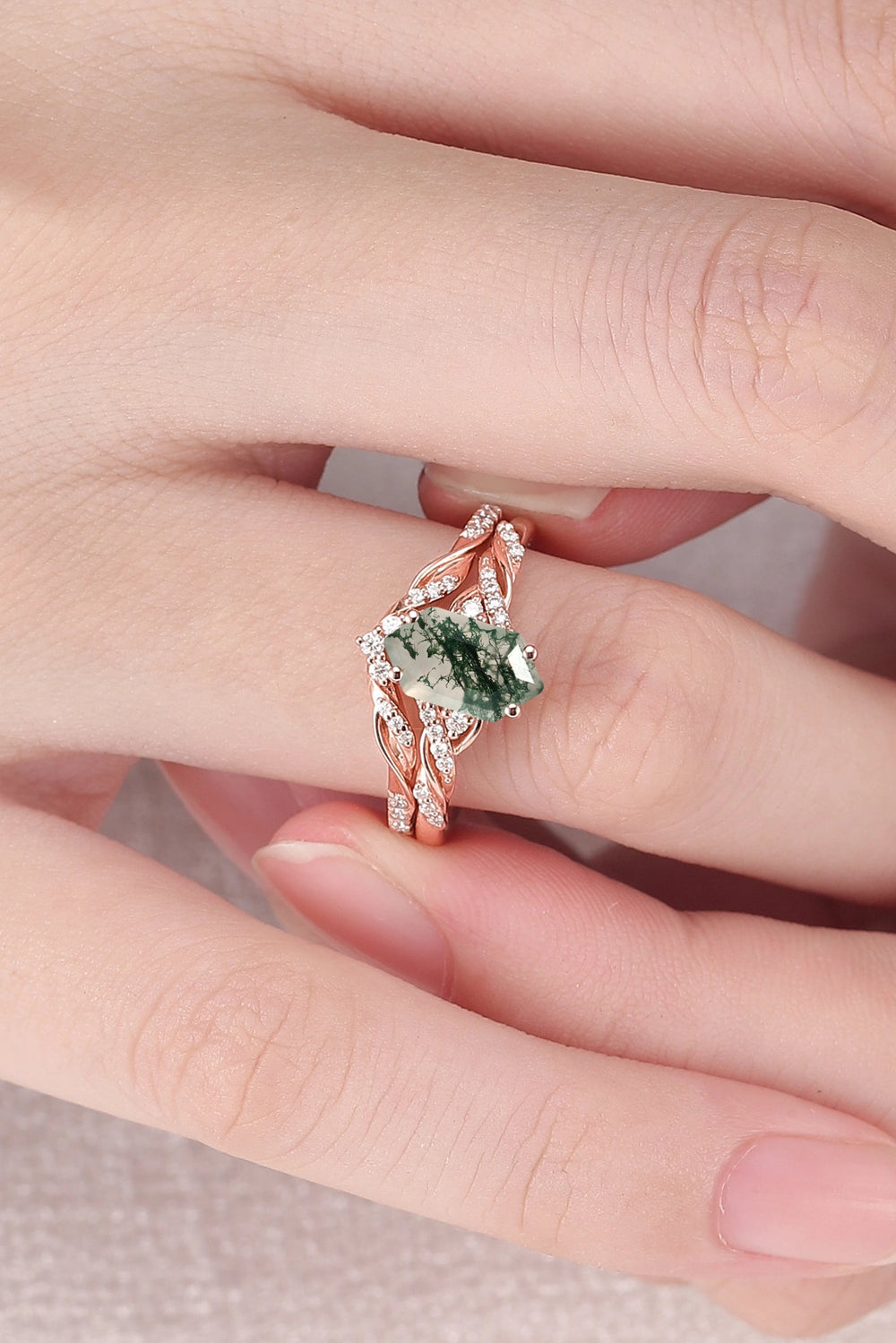 Unique Hexagon Cut Moss Agate Vine Ring Set 2pcs
