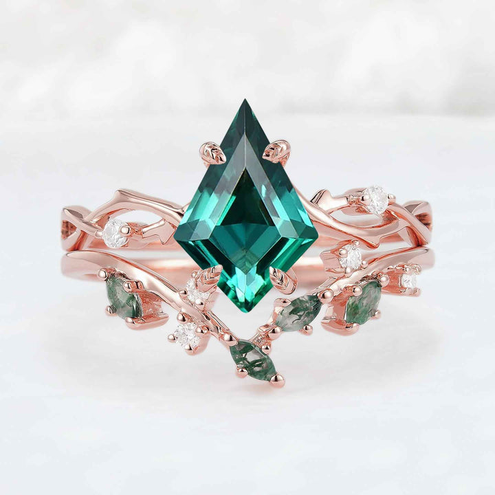 Unique Kite Cut Moss Agate Leaf and Vine Gemstone Ring Set 2pcs