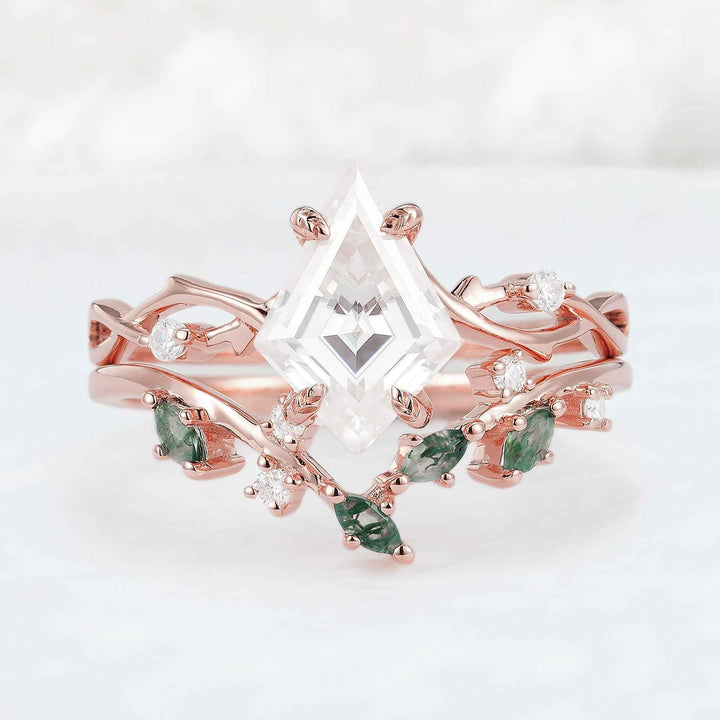 Unique Kite Cut Moss Agate Leaf and Vine Ring Set 2pcs