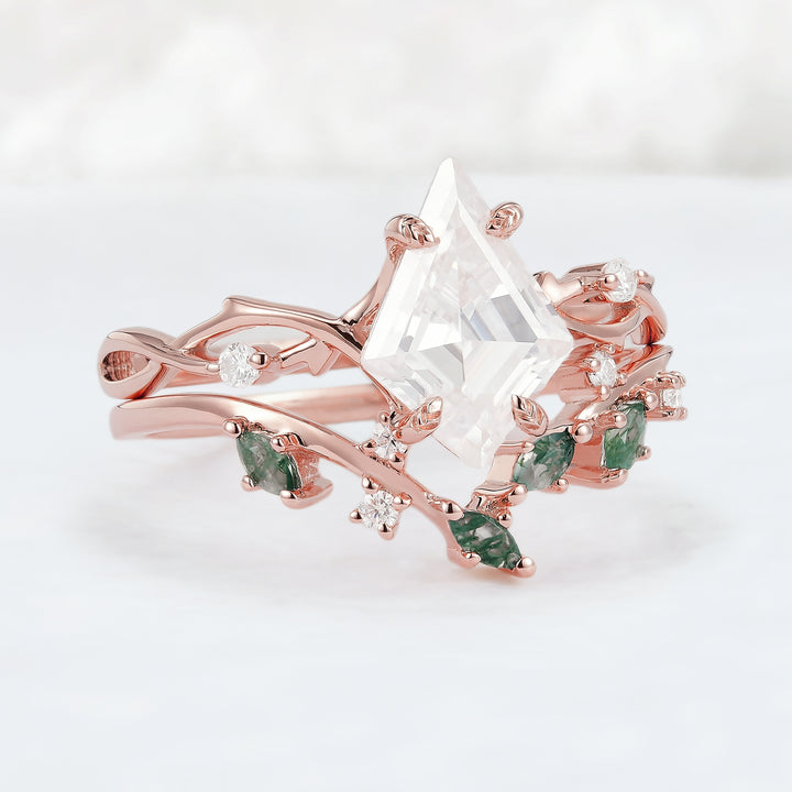 Unique Kite Cut Moissanite Leaf and Vine Engagement Ring Set 2pcs - Iver Jewelry