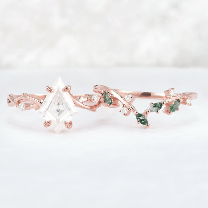 Unique Kite Cut Moissanite Leaf and Vine Engagement Ring Set 2pcs - Iver Jewelry