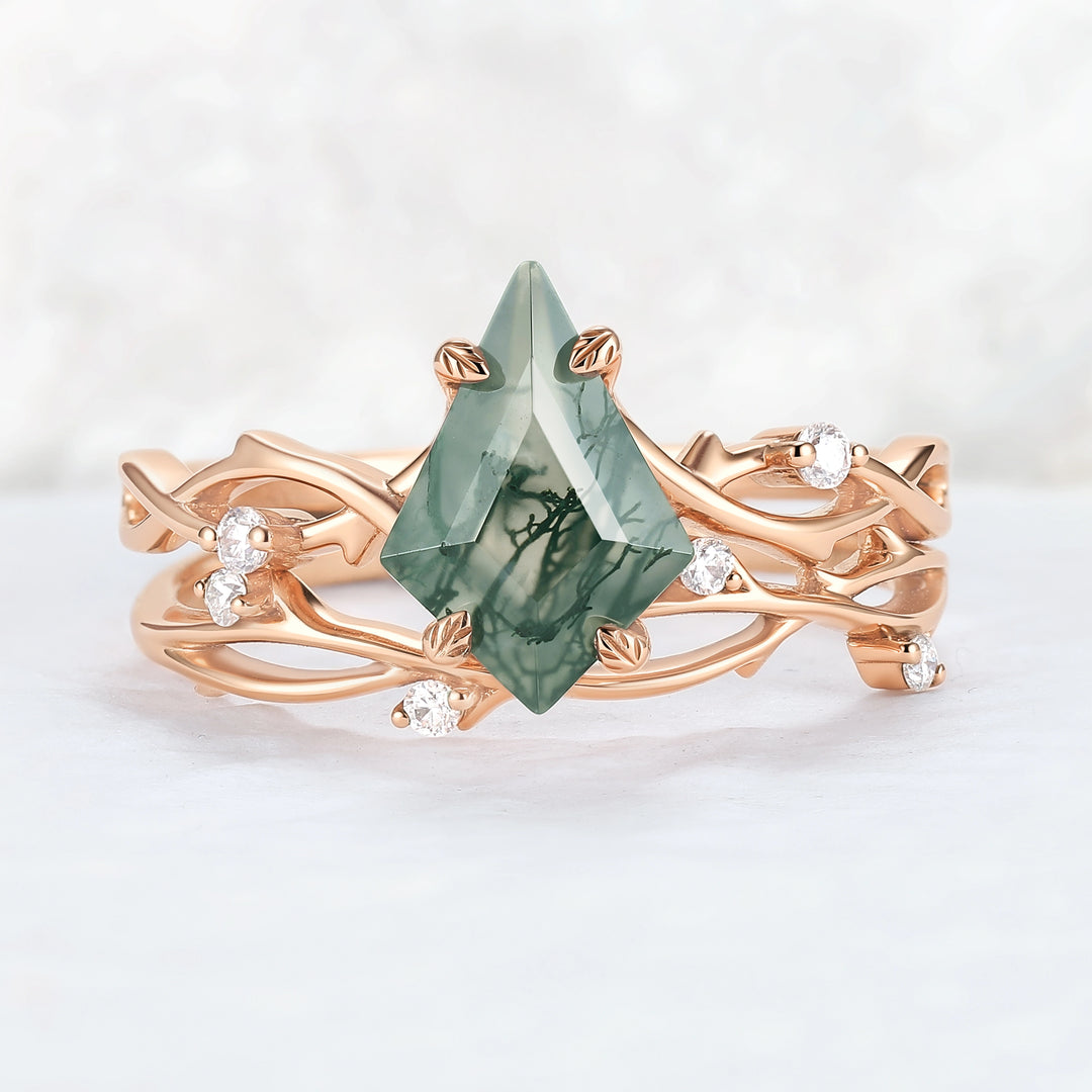 Unique Kite Cut Moss Agate Leaf and Vine Gemstone Ring Set 2pcs