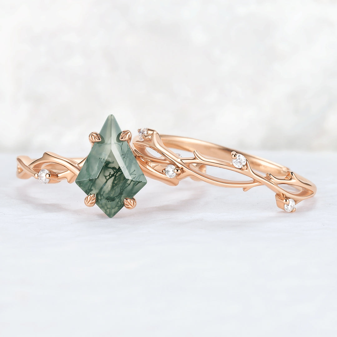 Unique Kite Cut Moss Agate Leaf and Vine Gemstone Ring Set 2pcs